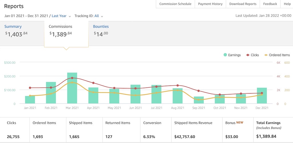 Example of affiliate marketing earnings from the Amazon Associates Program.